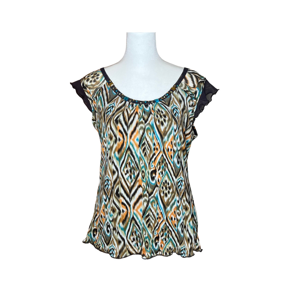 Vtg Y2K Womens Top M Brown Geometric Rhinestones Fairy Whimsigoth Groovy Baddie